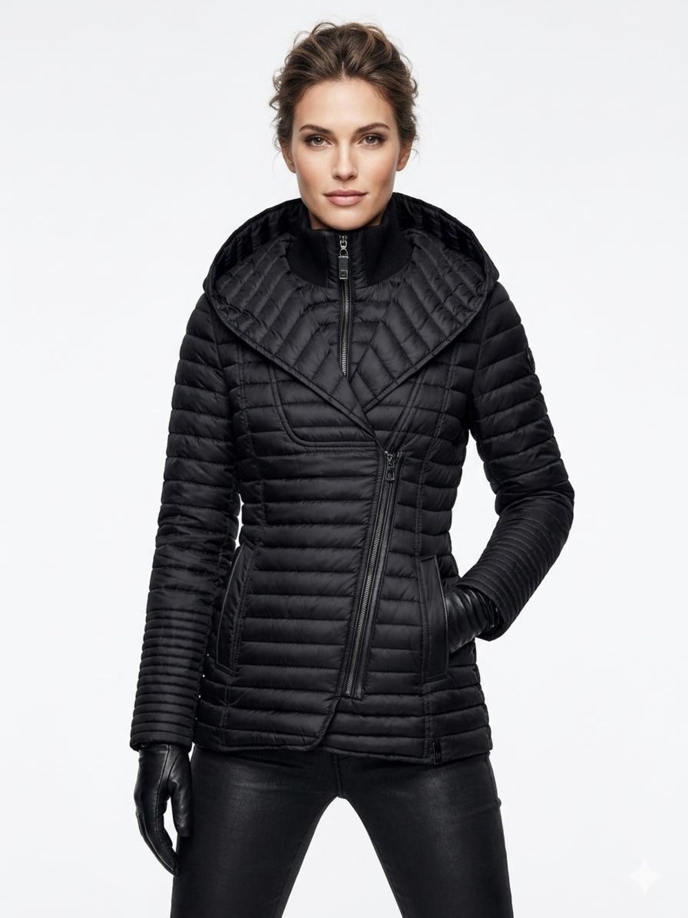 RUDSAK Sana Mid Length Down Puffer Jacket Asymmetrical Zipper w/Leather Trim XL